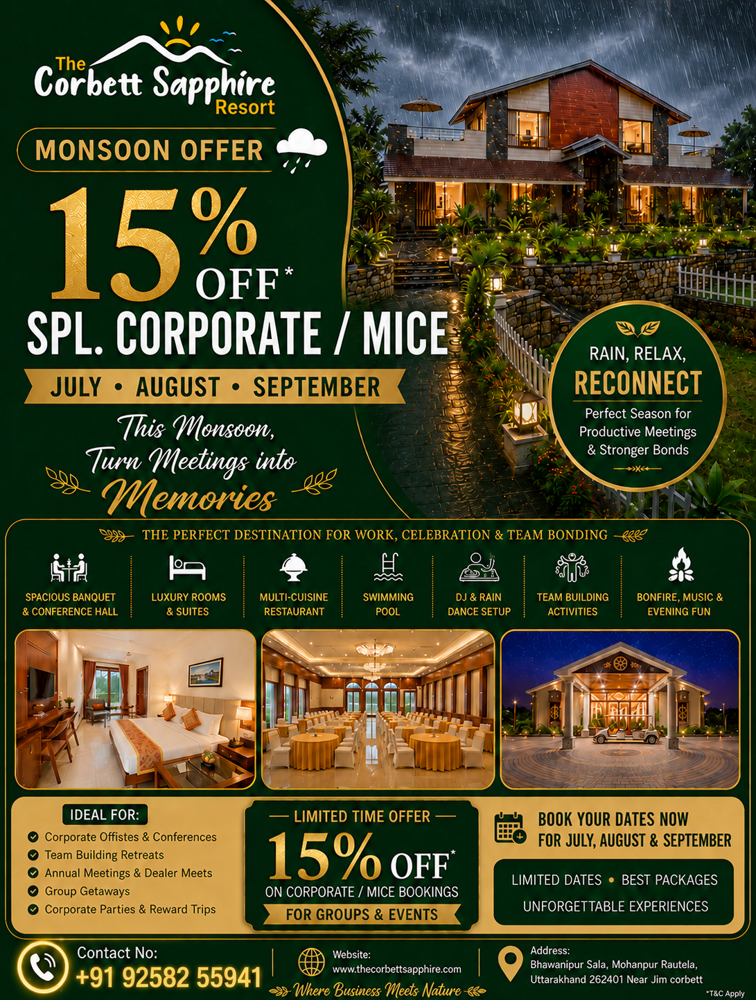Monsoon Corporate Offer at The Corbett Sapphire Resort – Get 15% OFF on MICE & Corporate Bookings